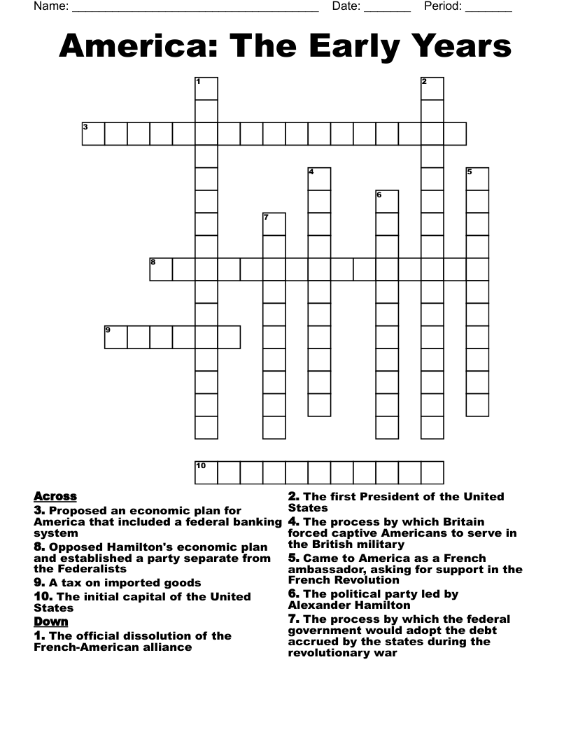 America: The Early Years Crossword