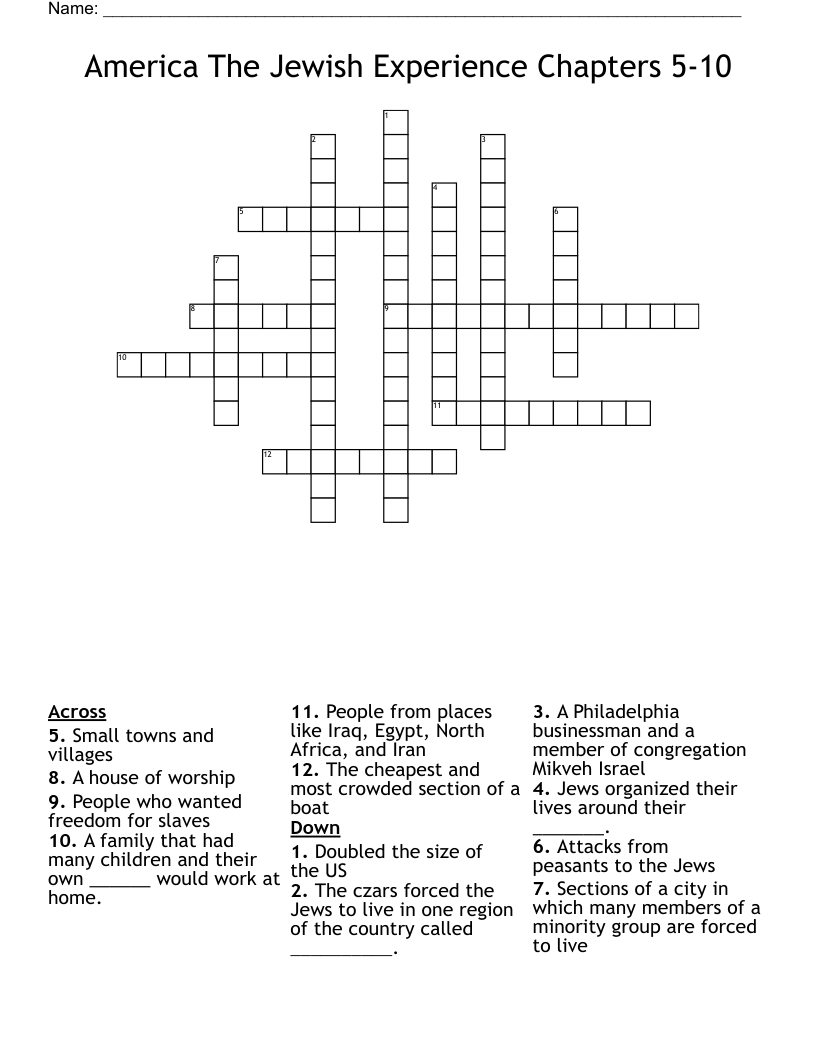 America The Jewish Experience Chapters 5-10 Crossword