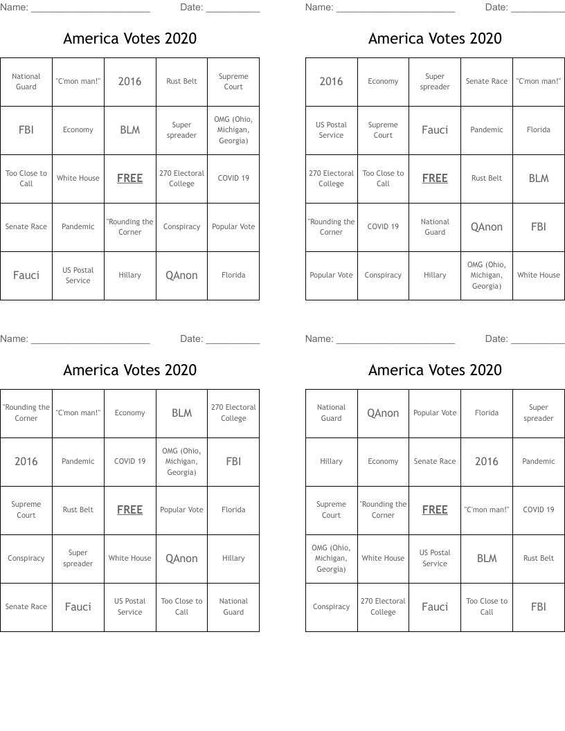 America Votes 2020 Bingo Cards