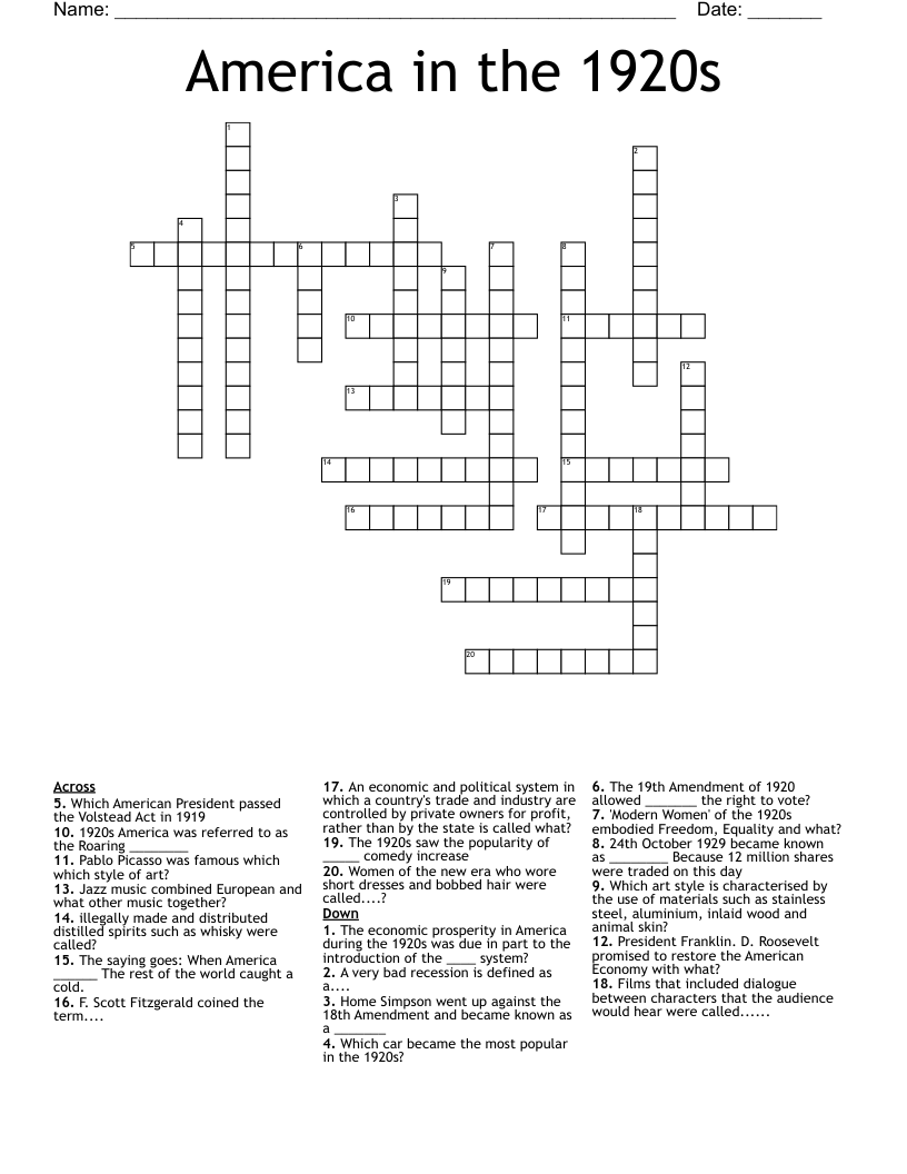 America in the 1920s Crossword