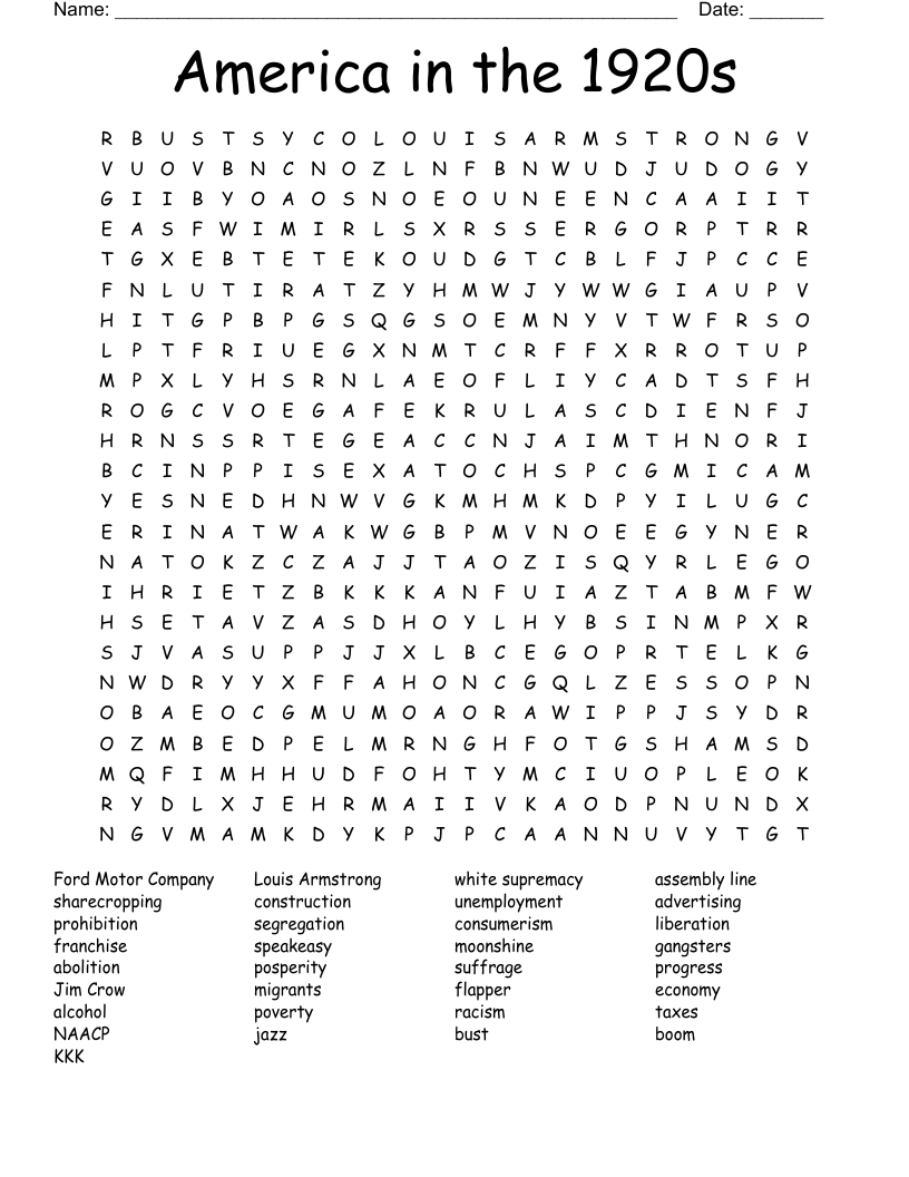 America in the 1920s Word Search
