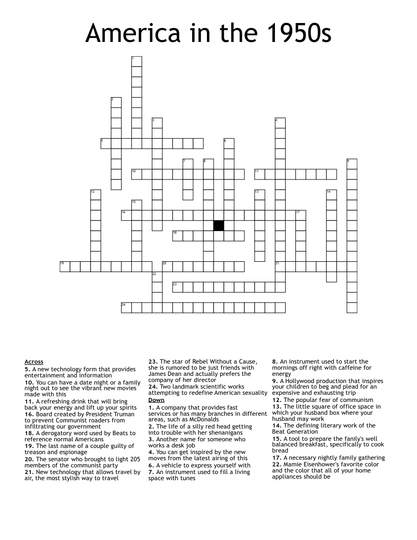 America in the 1950s Crossword