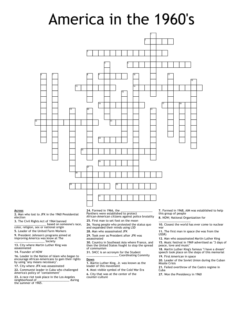 America in the 1960's Crossword