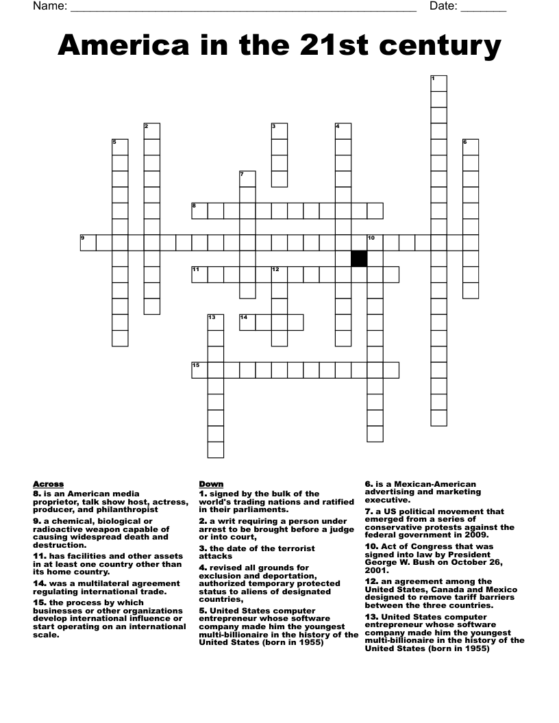America in the 21st century Crossword