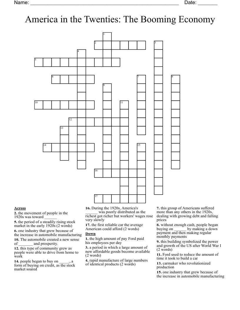 America in the Twenties: The Booming Economy Crossword