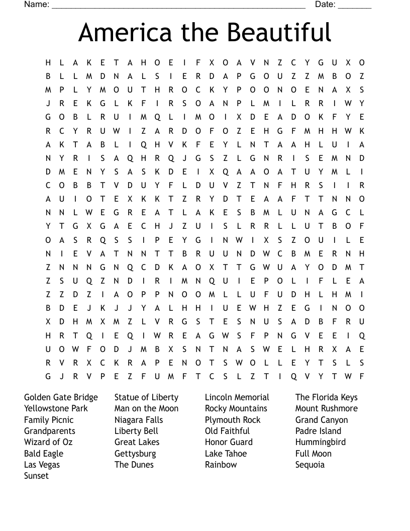 America the Beautiful Word Search