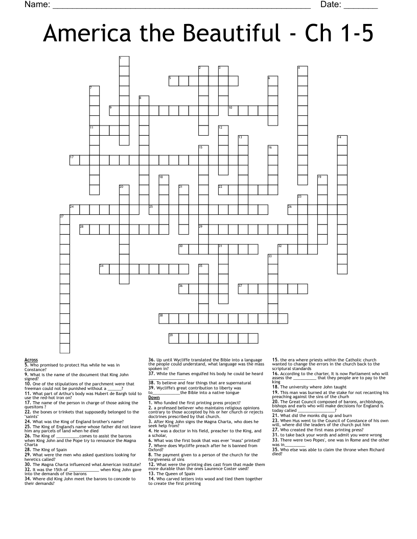 America the Beautiful - Ch 1-5 Crossword