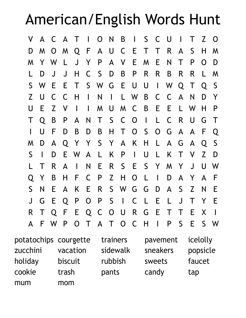 American/English Words Hunt Word Search