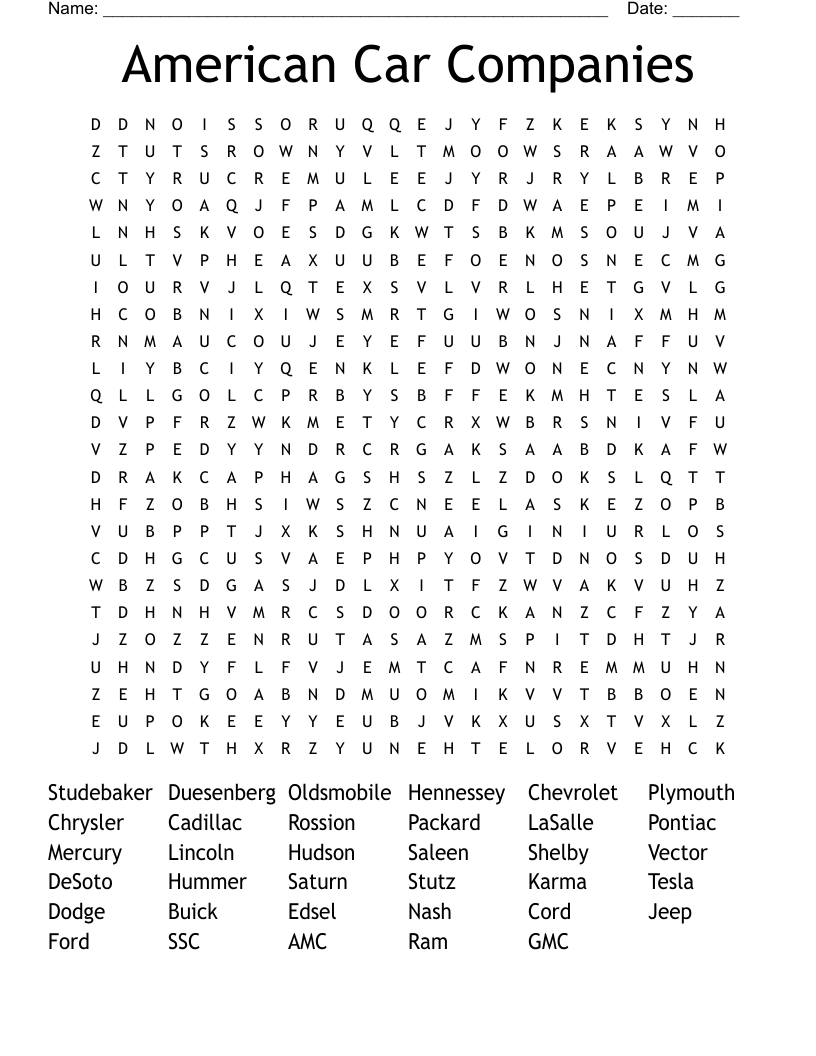 American Car Companies Word Search