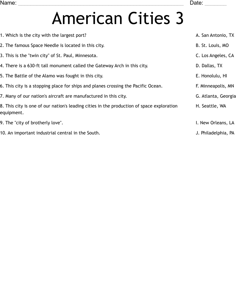 American Cities 3 Worksheet