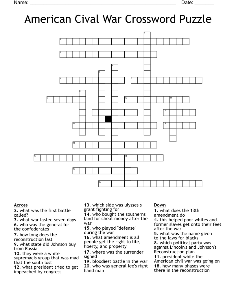 American Cival War Crossword Puzzle