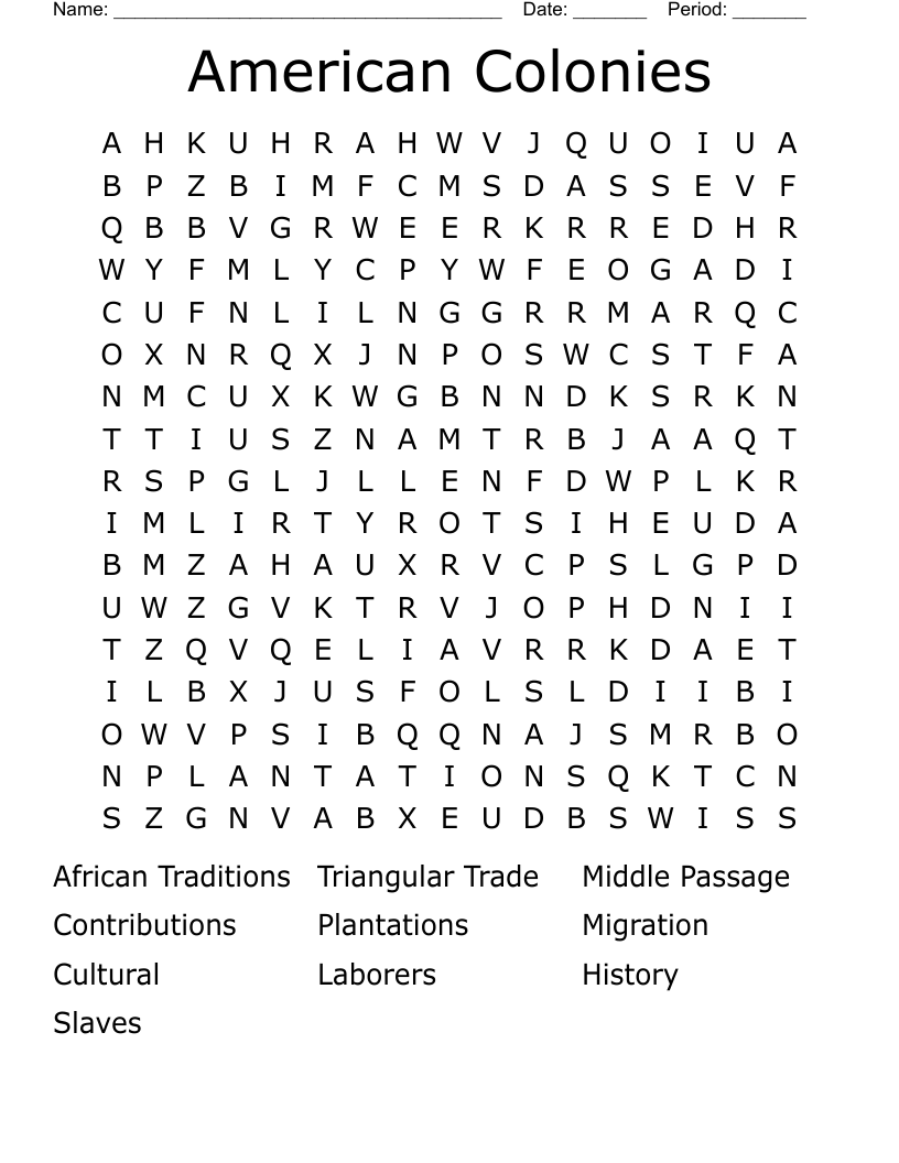 American Colonies Word Search