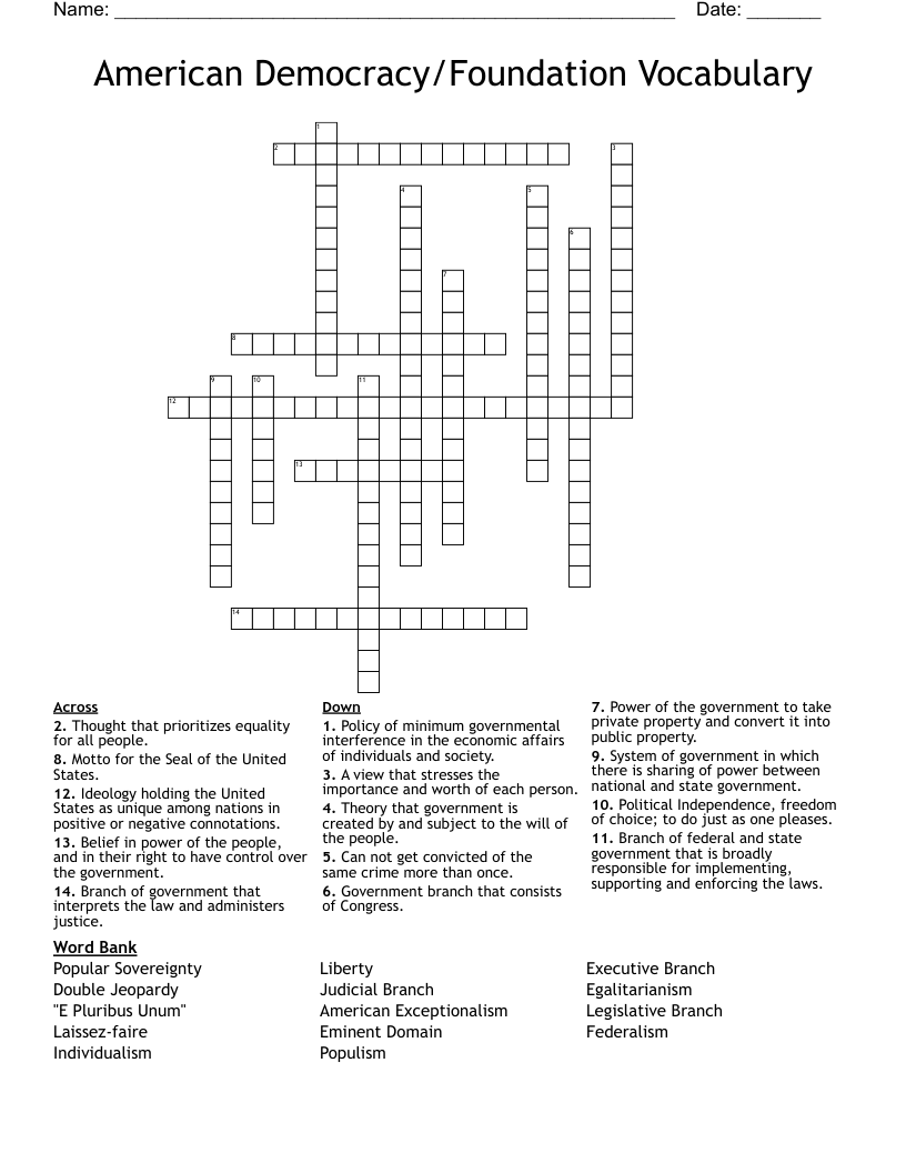 American Democracy/Foundation Vocabulary Crossword