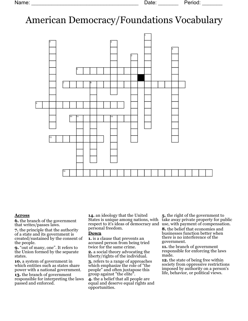 American Democracy/Foundations Vocabulary Crossword