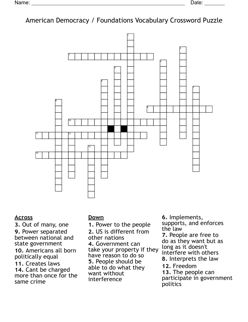 American Democracy / Foundations Vocabulary Crossword Puzzle