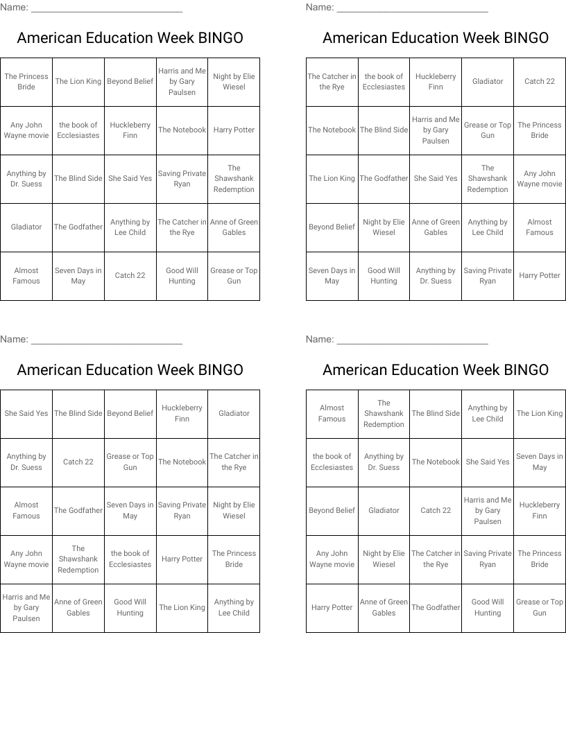 American Education Week BINGO