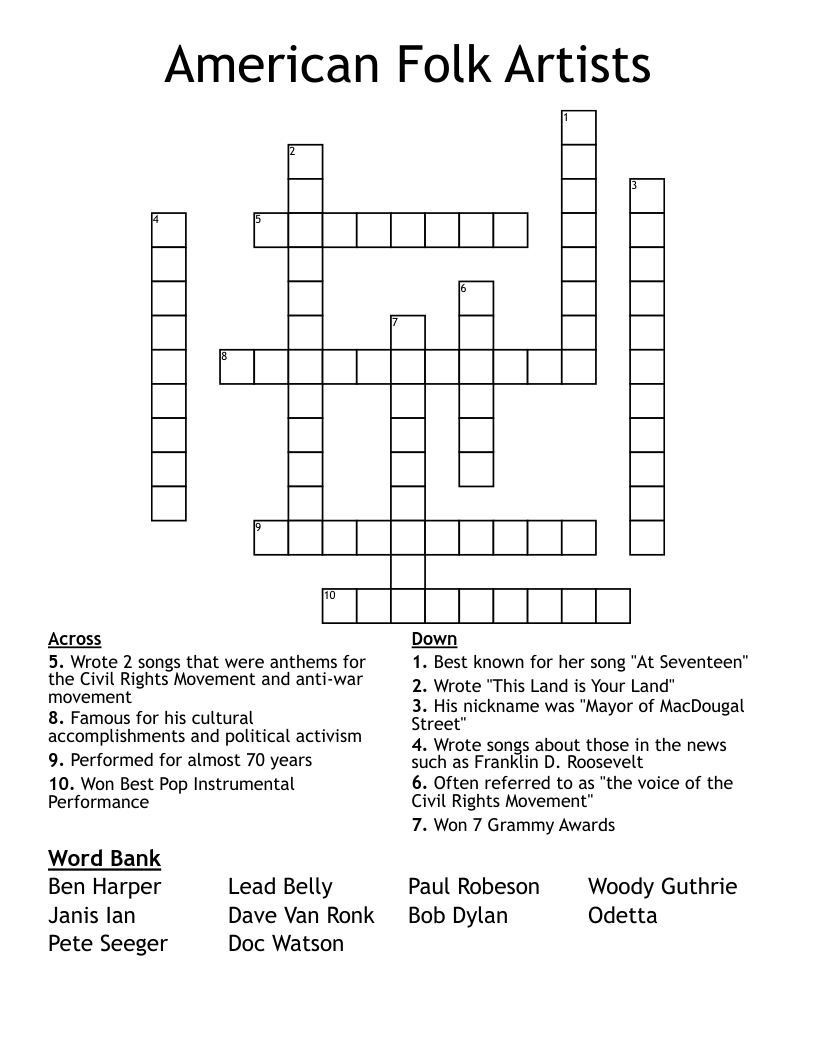 American Folk Artists Crossword
