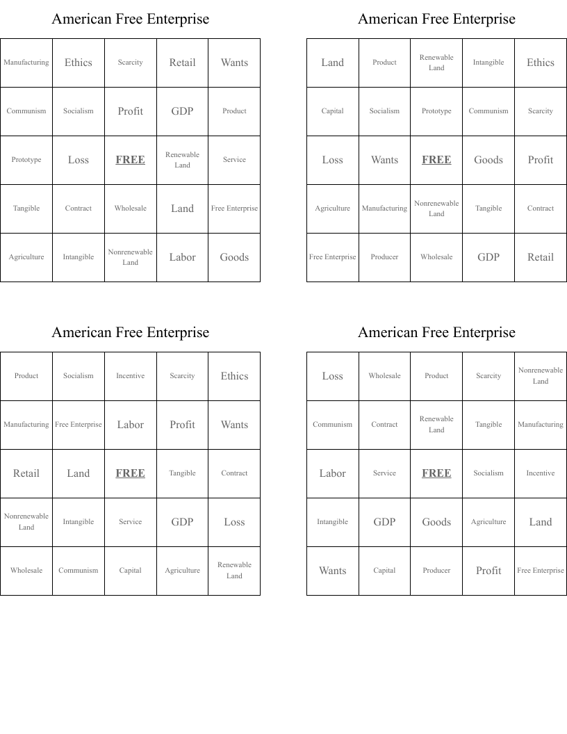 American Free Enterprise Bingo Cards