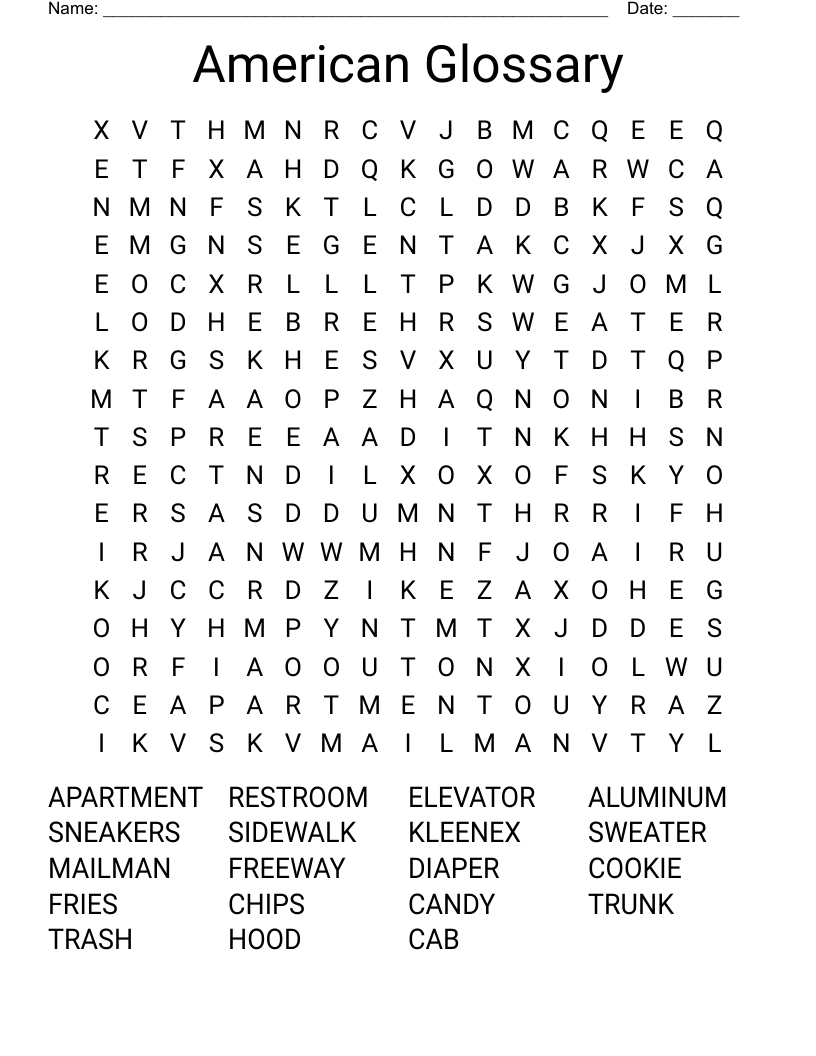American Glossary Word Search