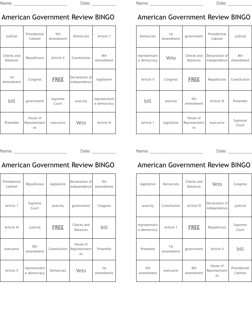 American Government Review BINGO