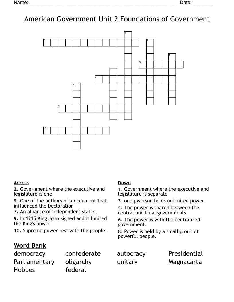 American Government Unit 2 Foundations of Government Crossword