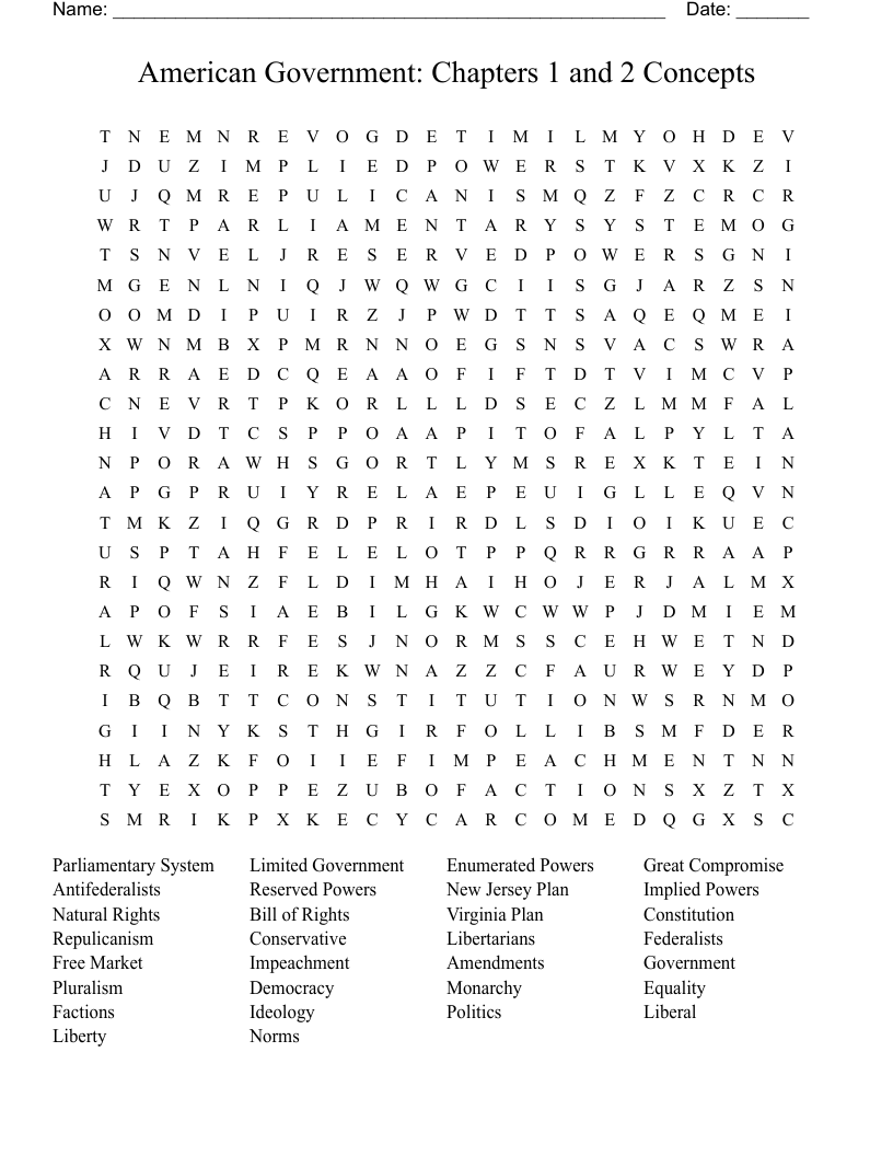 American Government:             Chapters 1 and 2 Concepts Word Search