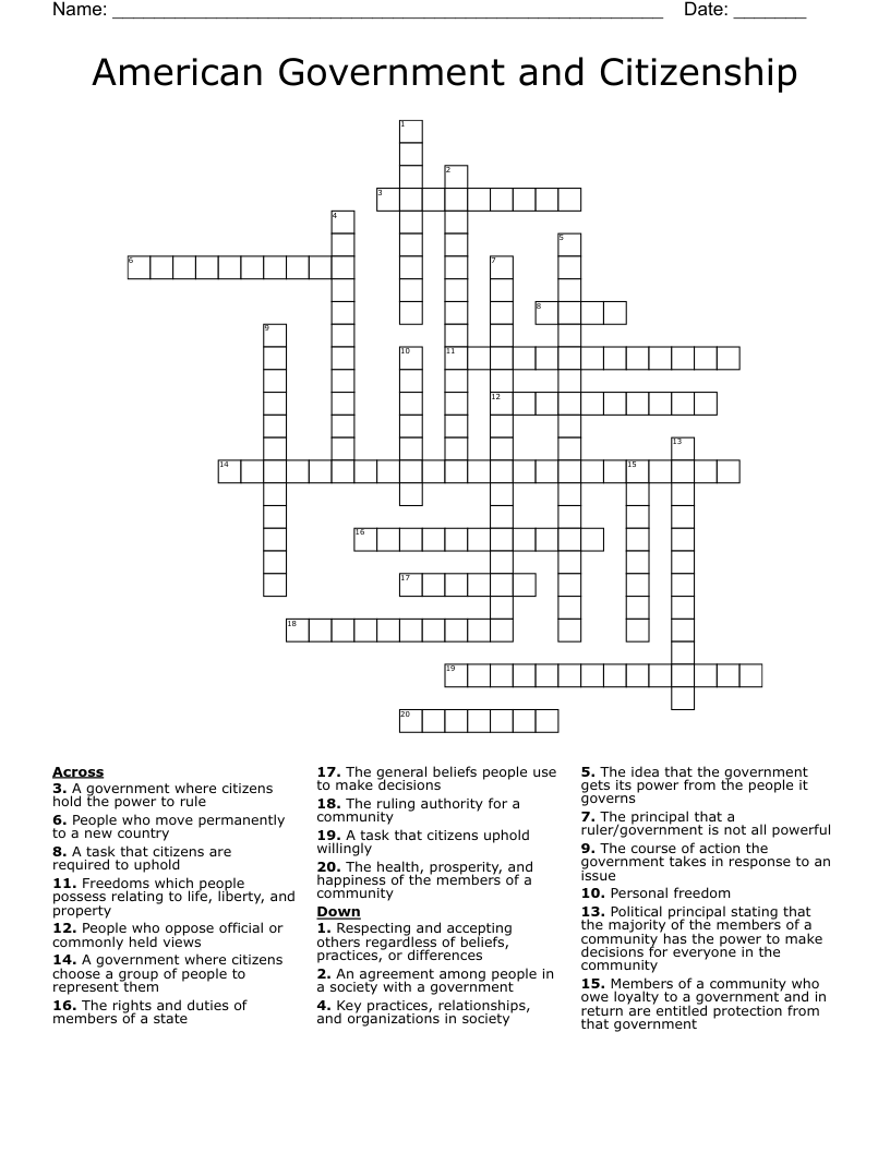 American Government and Citizenship Crossword