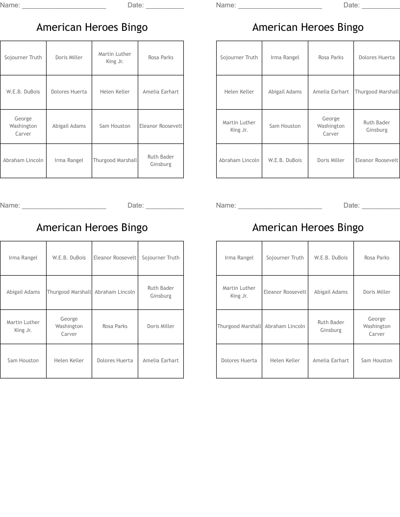 American Heroes Bingo