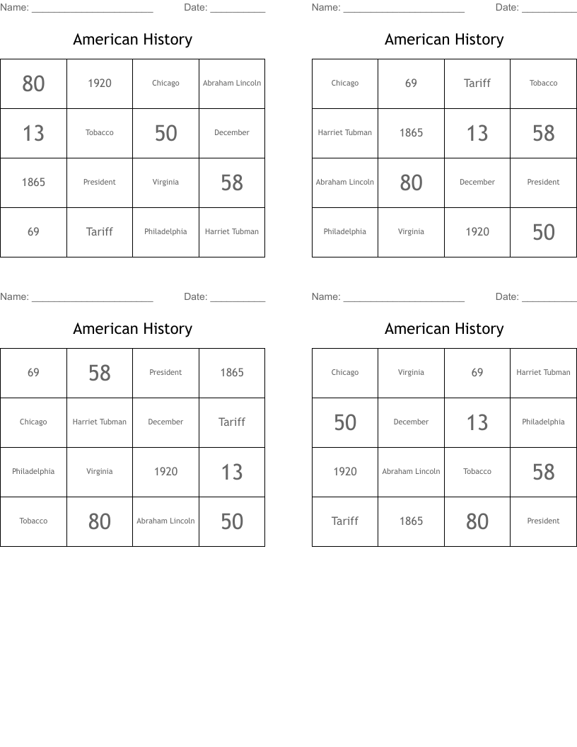American History Bingo Cards