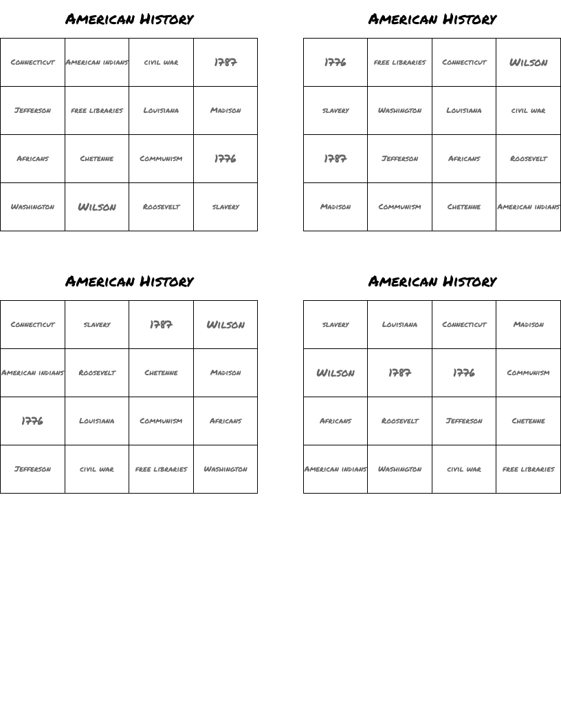 American History Bingo Cards