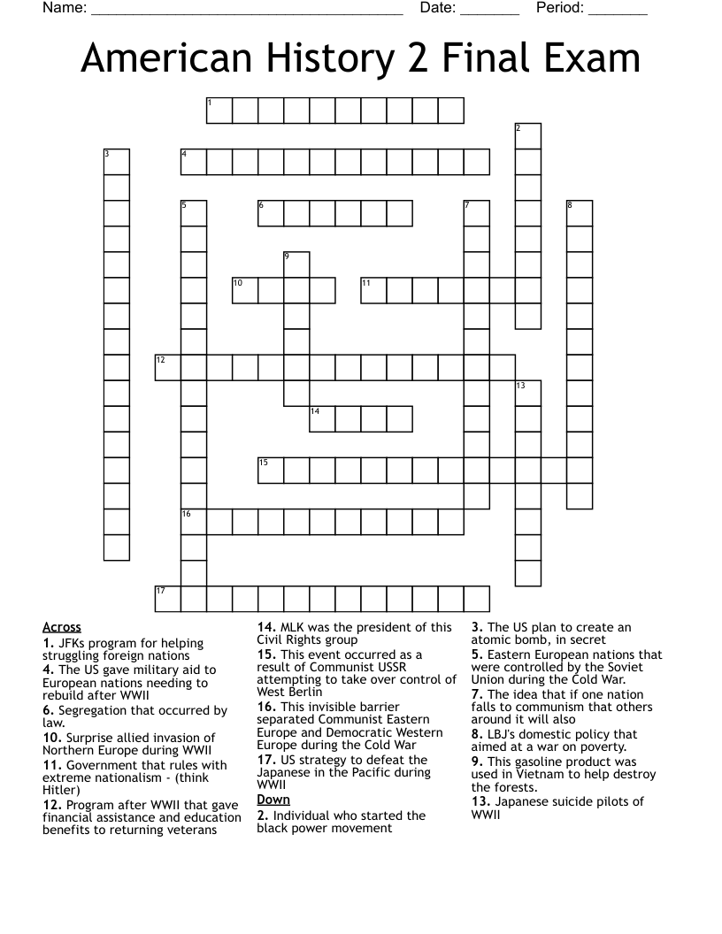 American History 2 Final Exam  Crossword