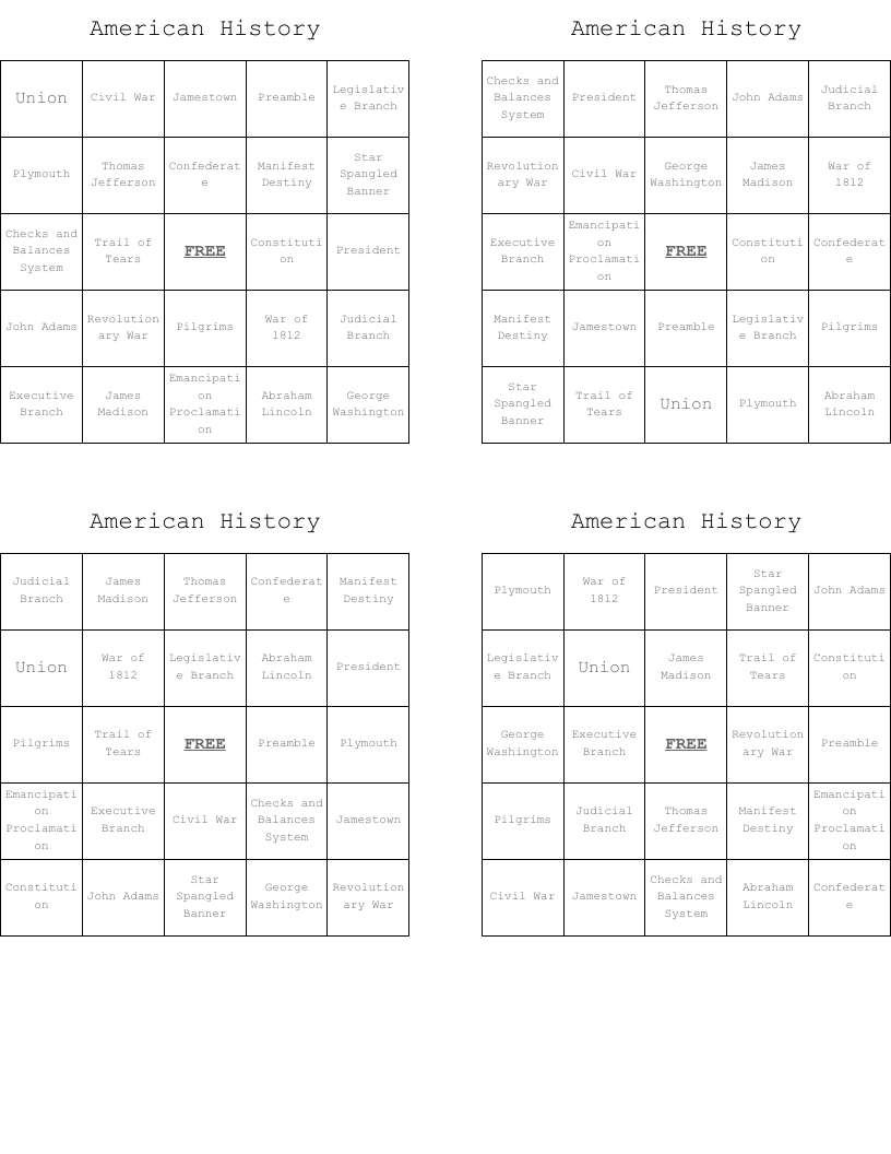 American History Bingo Cards