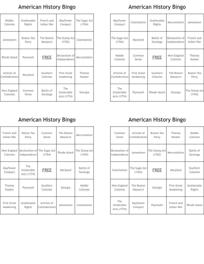 American History Bingo
