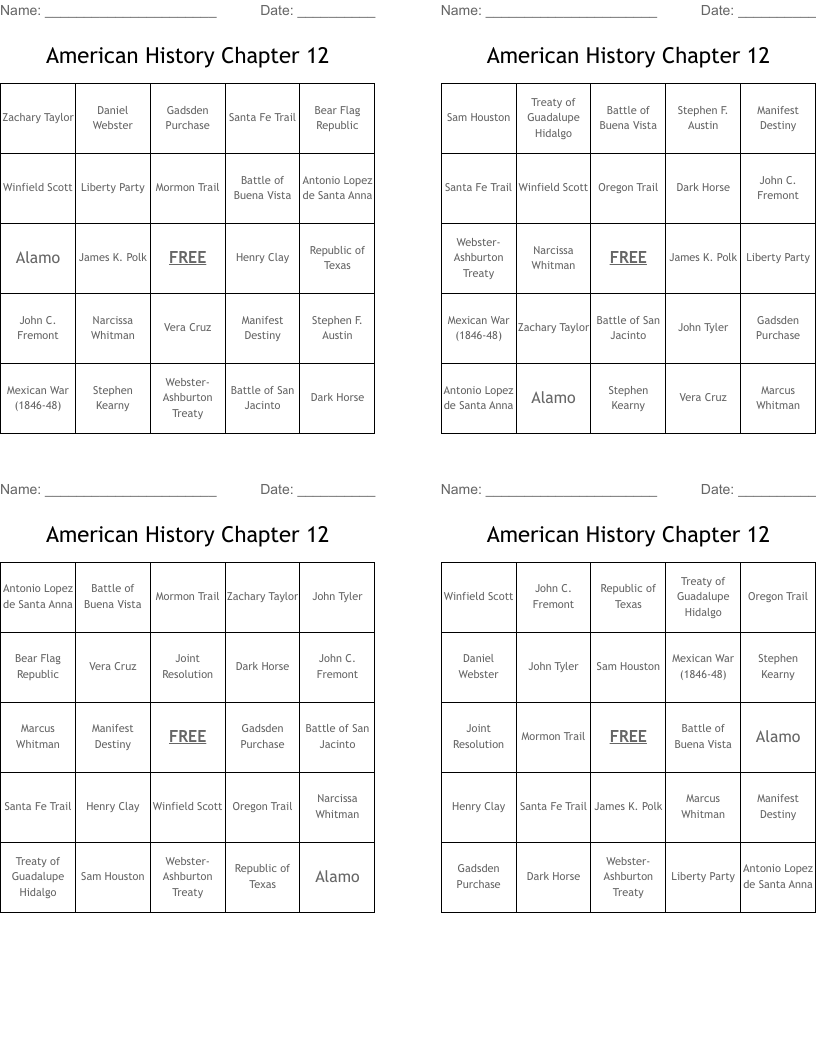 American History Chapter 12 Bingo Cards