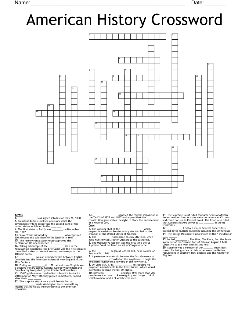 American History Crossword