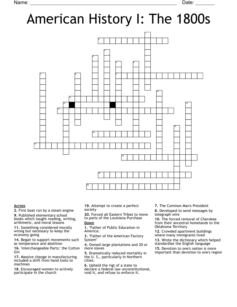 American History I:  The 1800s Crossword