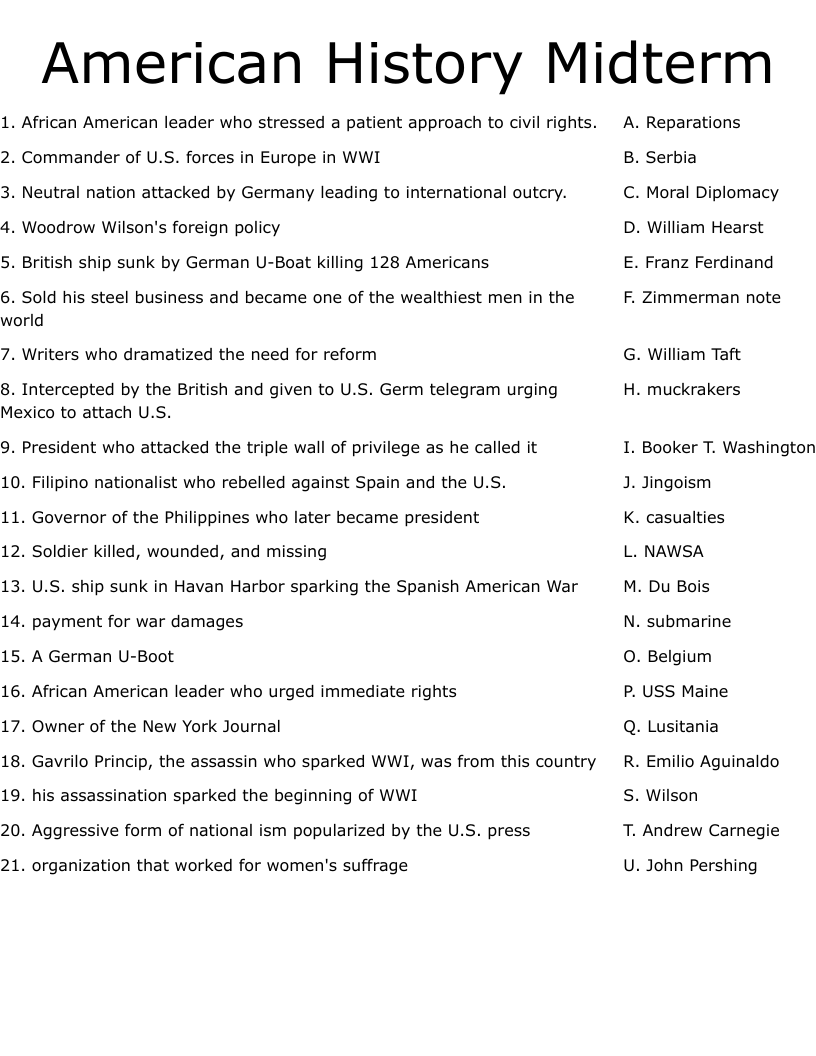 American History Midterm Worksheet