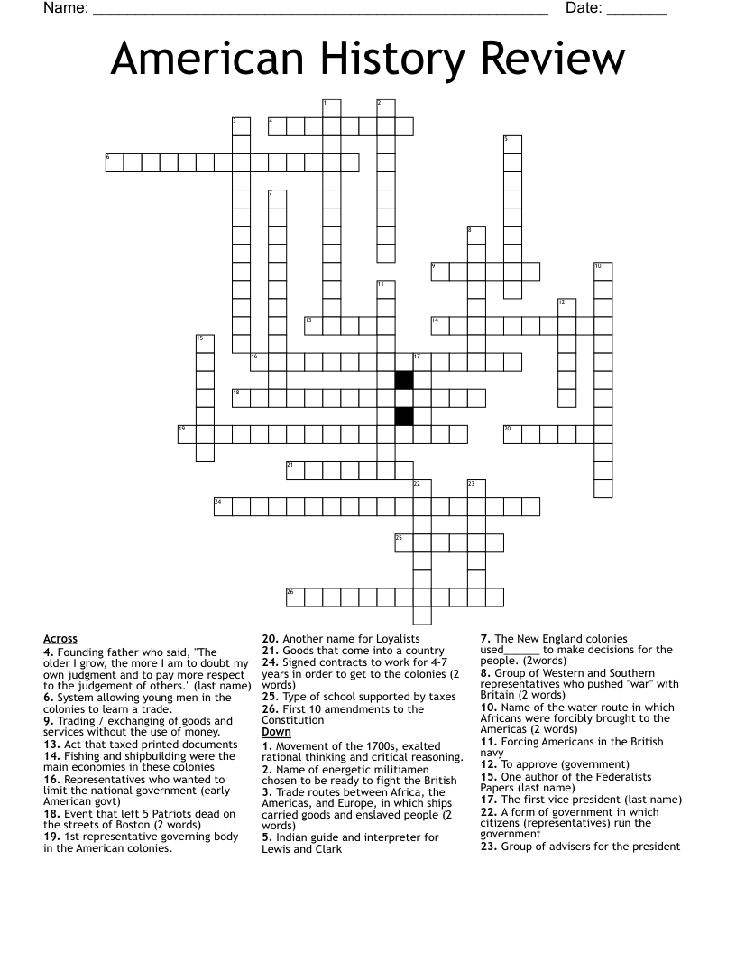 American History Review Crossword