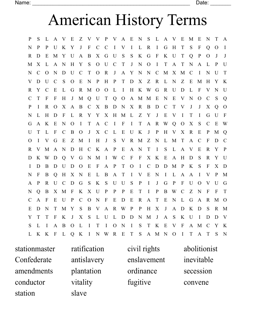 American History Terms Word Search
