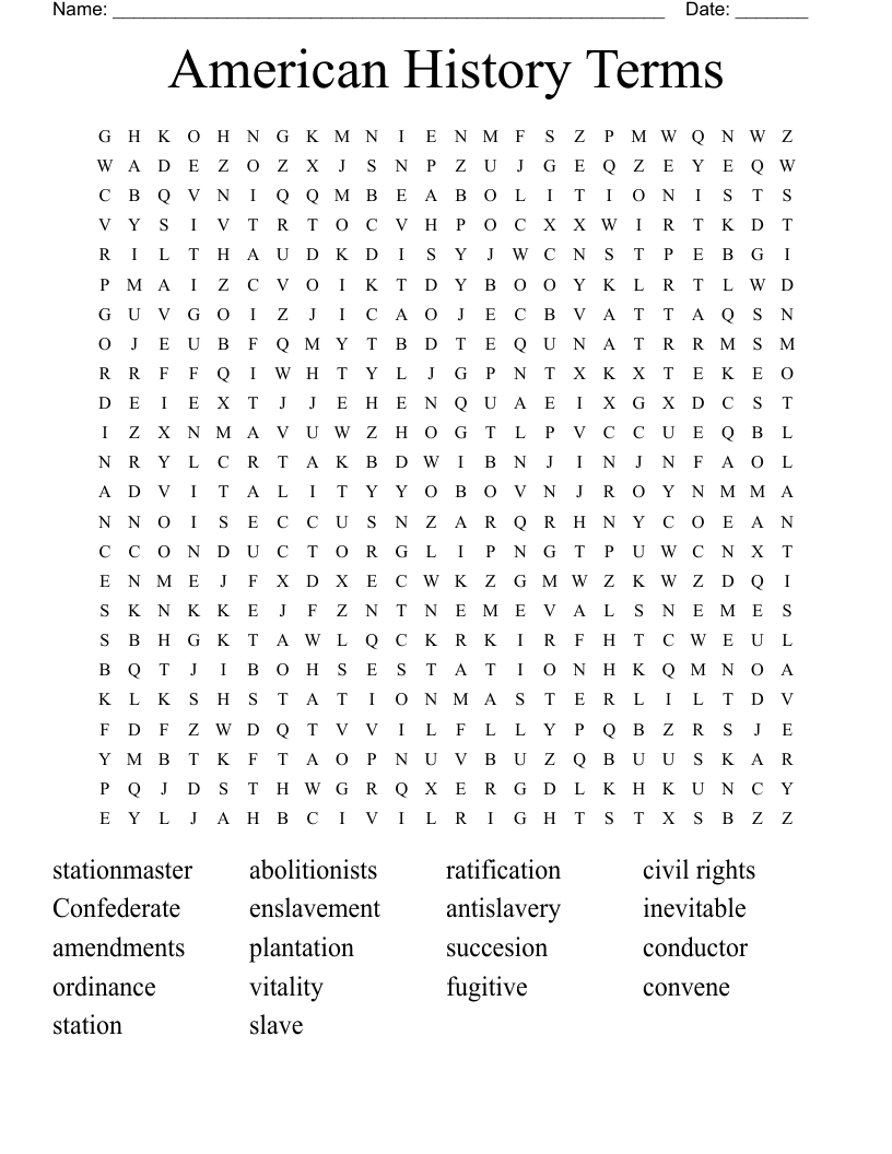 American History Terms Word Search