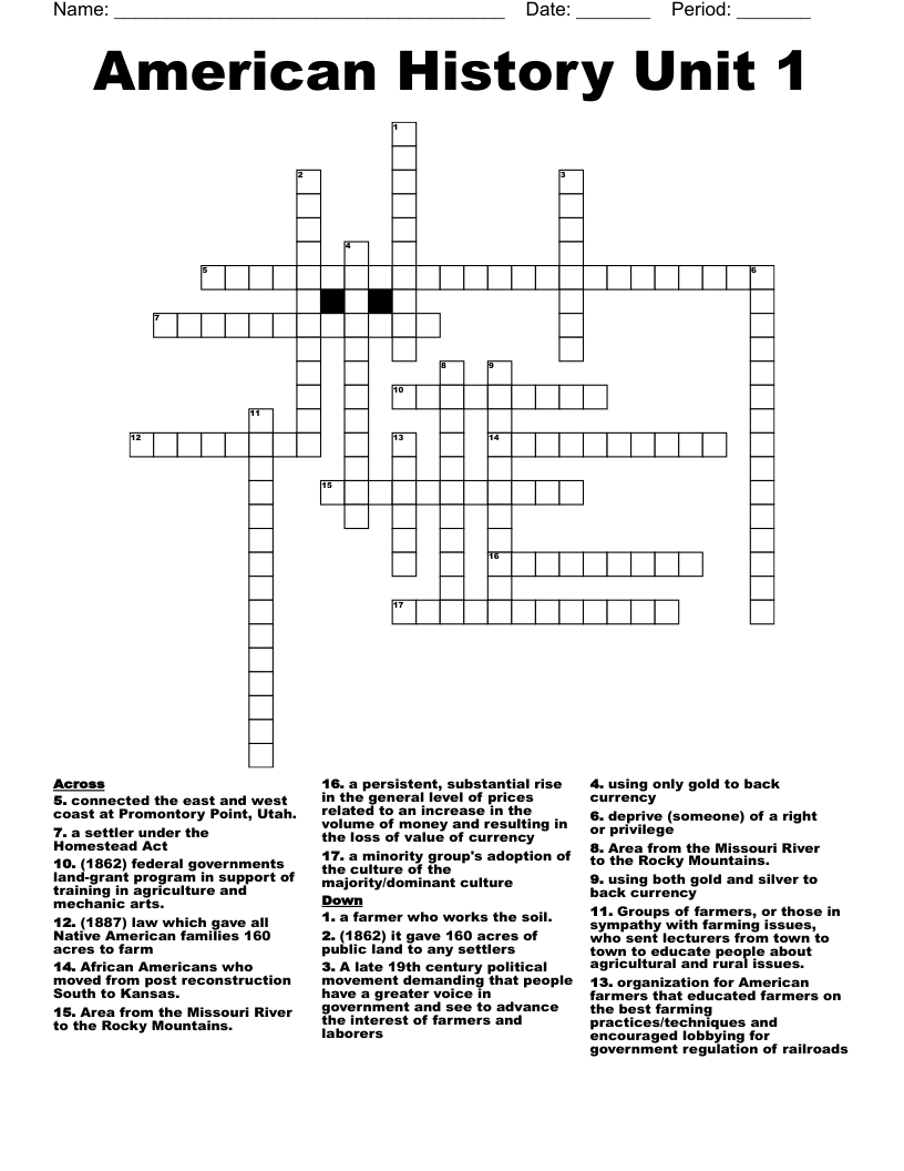 American History Unit 1 Crossword