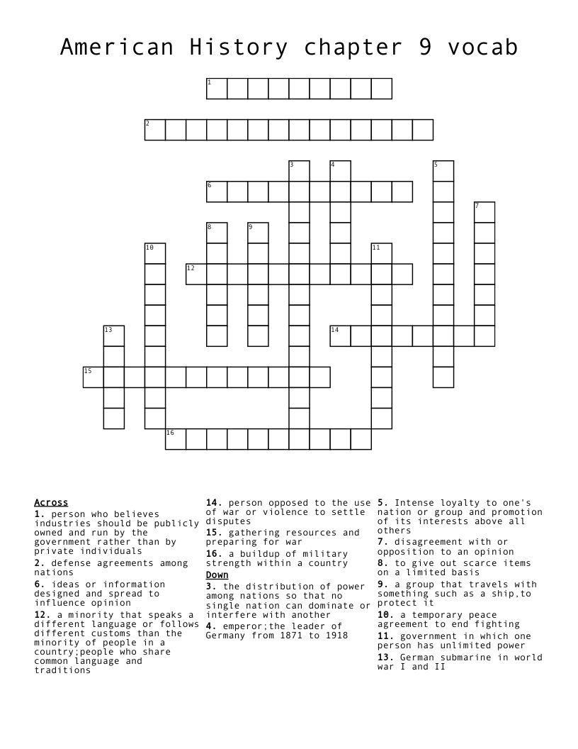 American History chapter 9 vocab Crossword