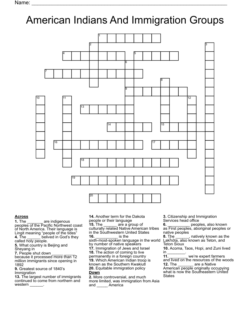 American Indians And Immigration Groups Crossword