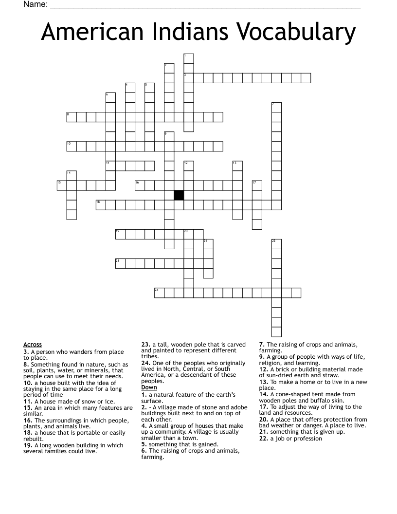 American Indians Vocabulary Crossword