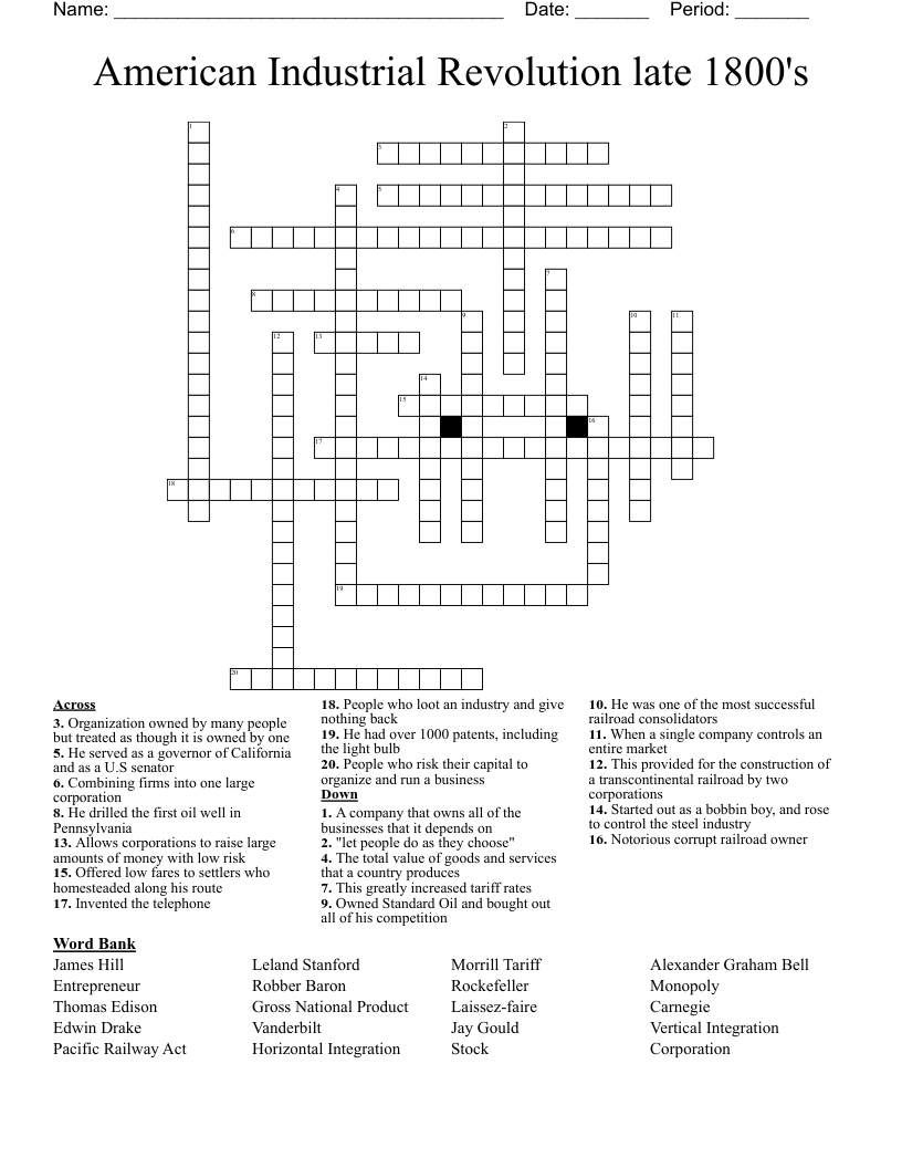 American Industrial Revolution late 1800's Crossword