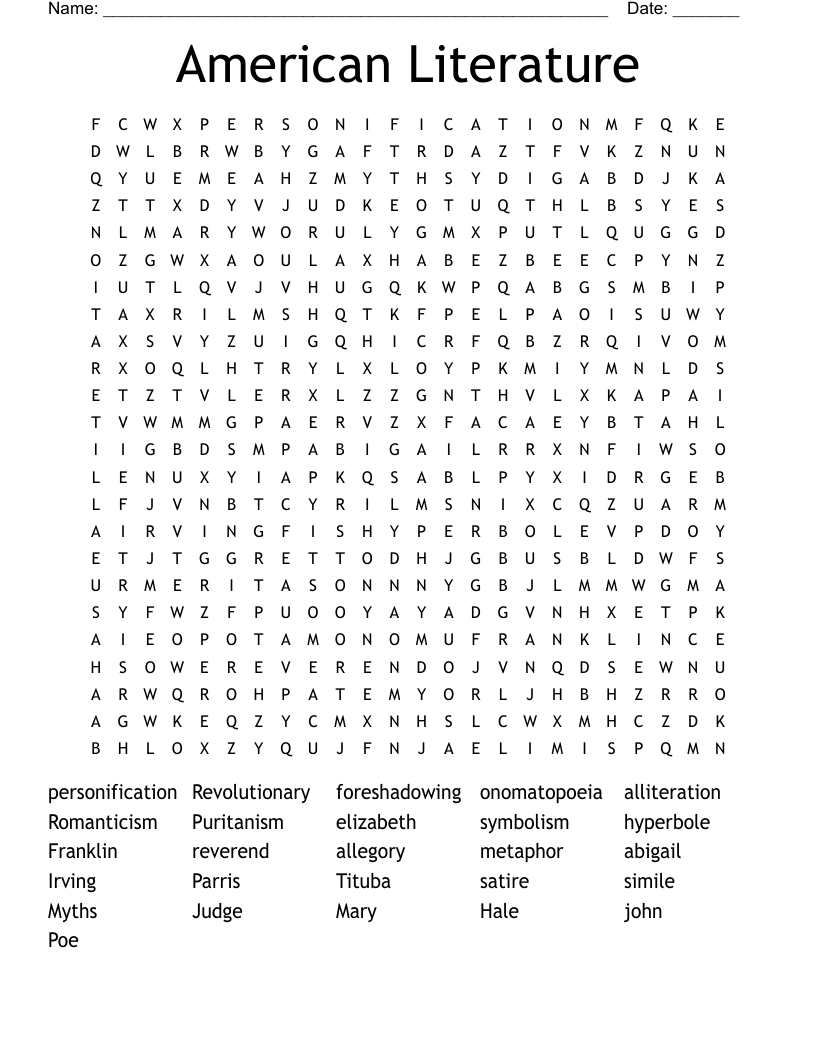American Literature Word Search