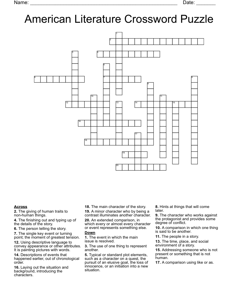 American Literature Crossword Puzzle