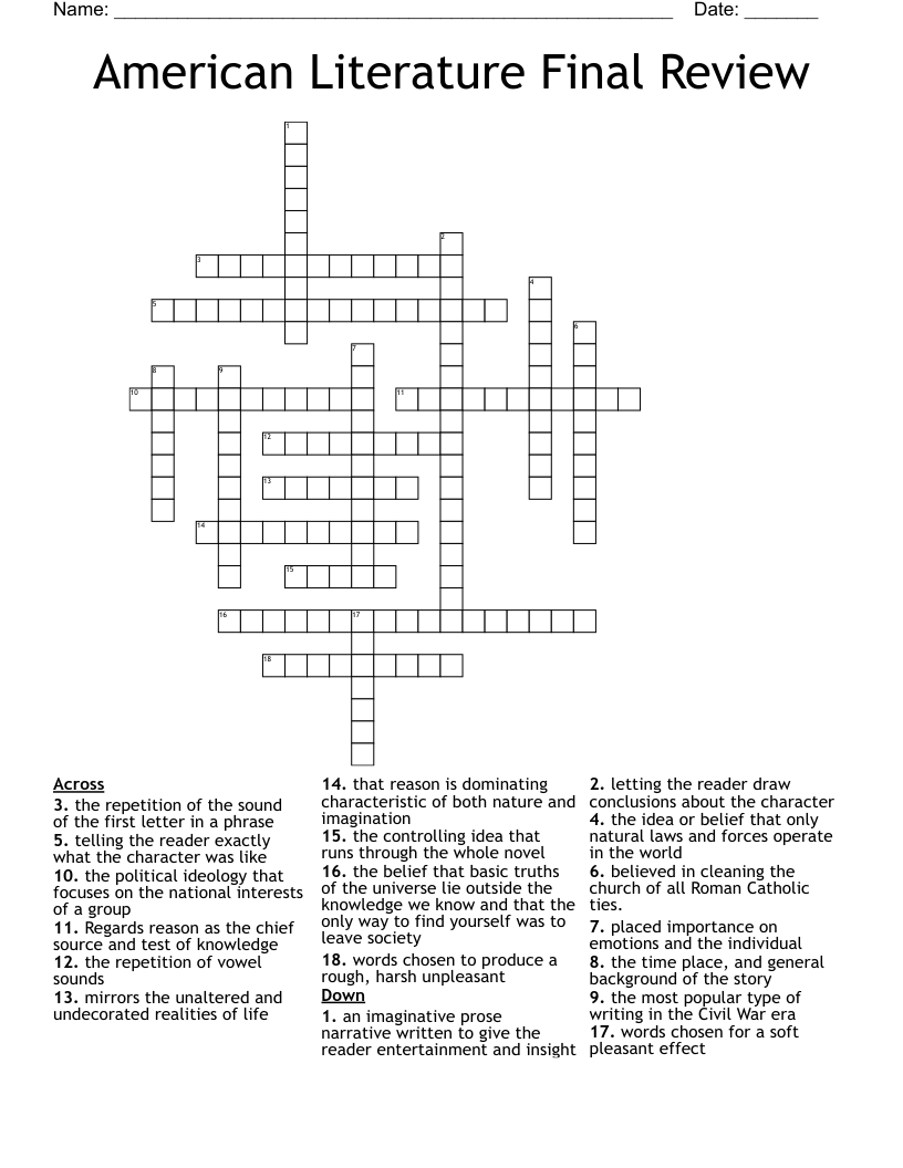 American Literature Final Review Crossword