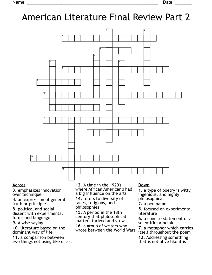 American Literature Final Review Part 2 Crossword