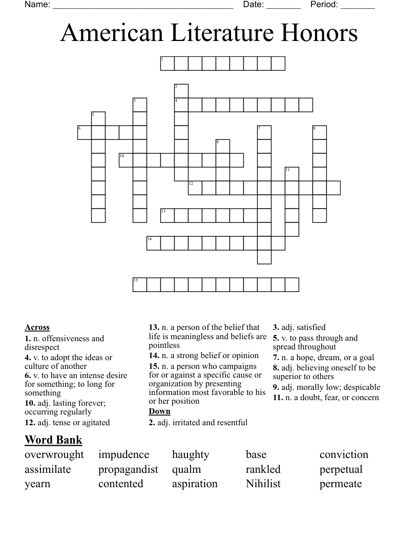 American Literature Honors  Crossword
